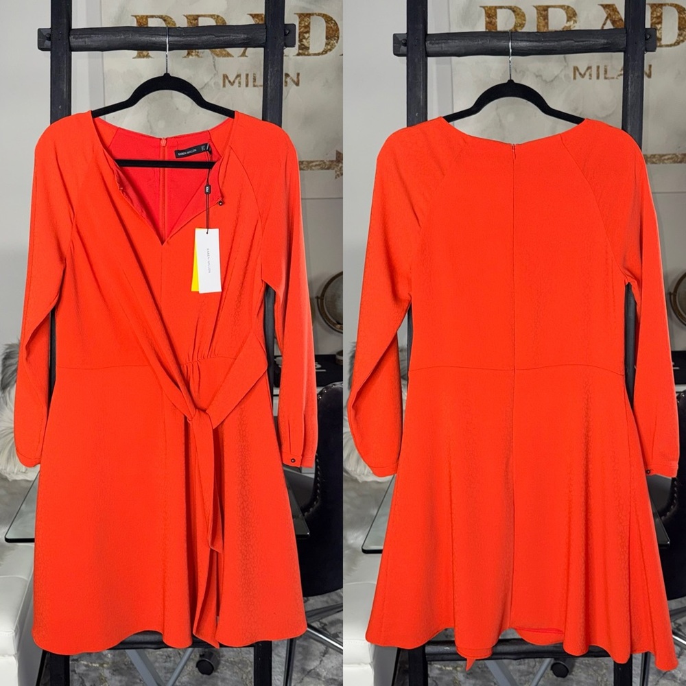 Karen Millen Orange Twist Front Long Sleeve Fit Flare Dress Womens US 8 New NWT